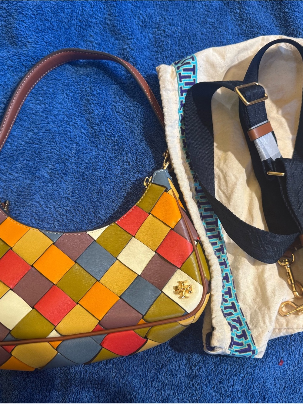 Tory Burch Patchwork Woven Leather 151 Small Crescent Handbag- 3 Carry Options - Picture 3 of 10